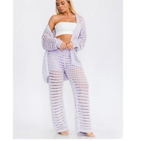Lilac Open Knit 2pc Cardigan Pant Crochet Set - Picture 6 of 6